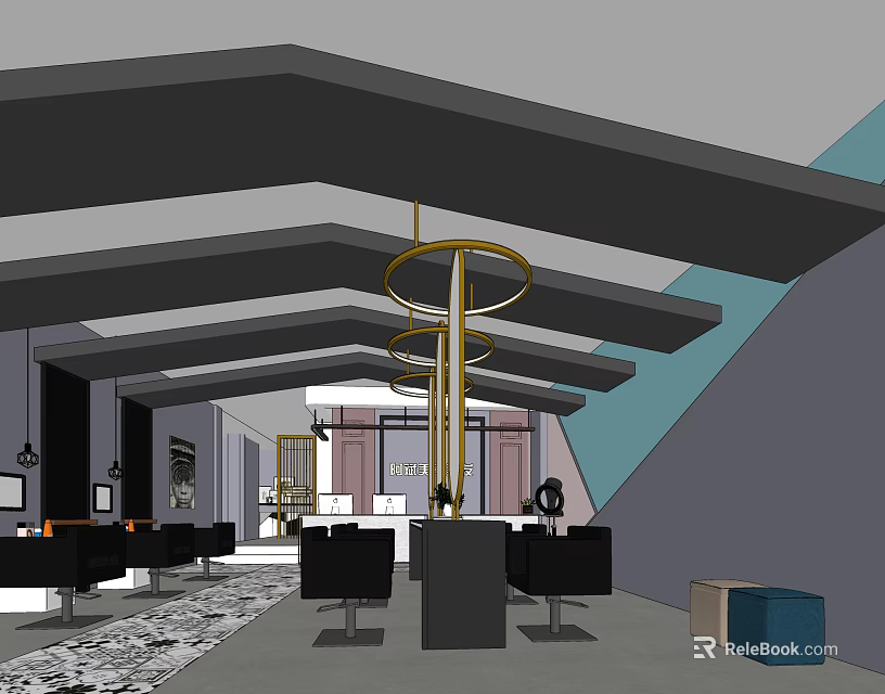 Modern Hair Beauty Salon Interior Design With Black Styling Chairs And Gold Hanging Lights 3d model 