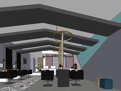 Modern Hair Beauty Salon Interior Design With Black Styling Chairs And Gold Hanging Lights 3d model