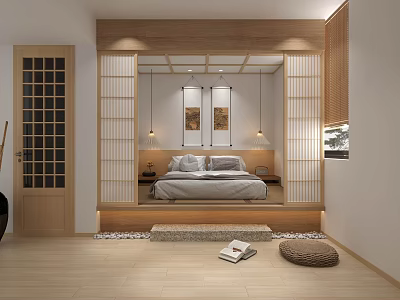 Japanese Style Hotel Guest Room With Tatami Bed Wooden Sliding Doors And Minimalist Design 3d model