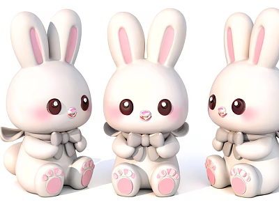 Cute Three White Rabbit Dolls With Big Eyes Pink Ears Bow Ties And Soft Paws 3d model