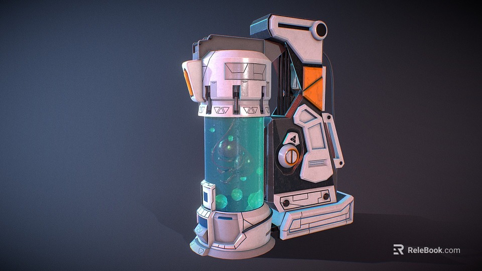 Cartoon Sci Fi Machine With Transparent Cylinder Green Liquid Spheres White Orange Casing Mechanical Parts 3d model 