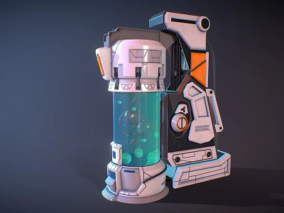 Cartoon Sci Fi Machine With Transparent Cylinder Green Liquid Spheres White Orange Casing Mechanical Parts 3d model