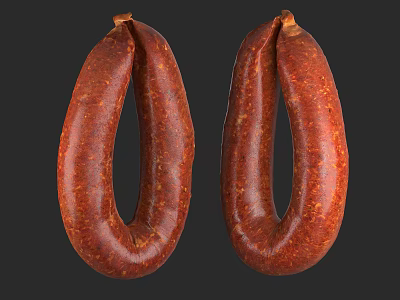 Two Ring Shaped Reddish Brown Sausages With Textured Surface On Black Background 3d model