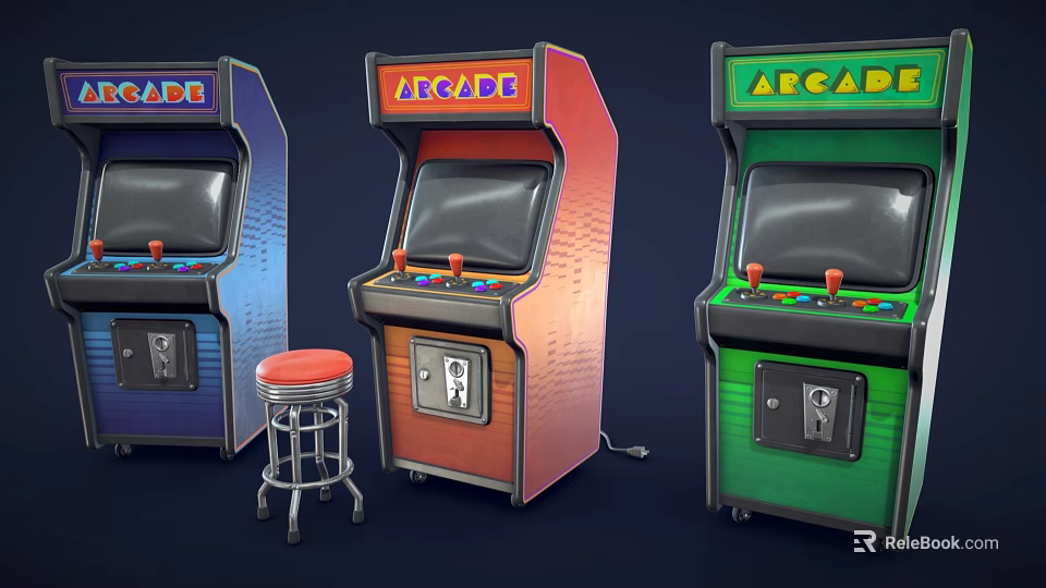 Colorful Vintage Arcade Game Machines In Blue Red Green With Red Stool 3d model 