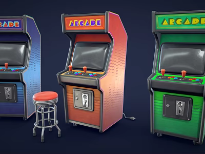 Colorful Vintage Arcade Game Machines In Blue Red Green With Red Stool 3d model