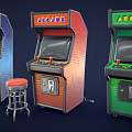 Colorful Vintage Arcade Game Machines In Blue Red Green With Red Stool