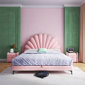 Modern Background Double Bed with Pink Shell Headboard Green Pink Walls and Wooden Floor