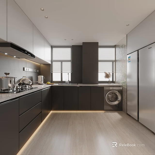 Modern Kitchen Interior With Gray White Cabinets Stainless Steel Refrigerator And Light Wood Floor 3d model 