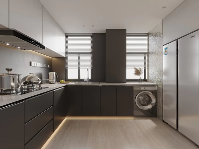 Modern Kitchen Interior With Gray White Cabinets Stainless Steel Refrigerator And Light Wood Floor 3d model