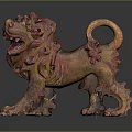 Hand Carved Lion Sculpture With Orange Red Hue Intricate Mane And Curled Tail