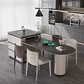 Modern Dining Table Set With Kitchen Island Black Tabletop Beige Brown Chairs And Potted Plant