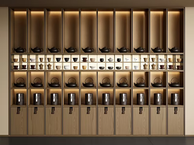 Wooden Display Cabinet With Multiple Shelves And Neatly Arranged Tea Sets 3d model