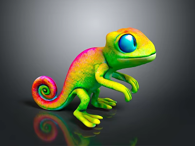 Colorful Chameleon Reptile with Blue Eyes Curled Tail Standing on Black Surface Reflection 3d model