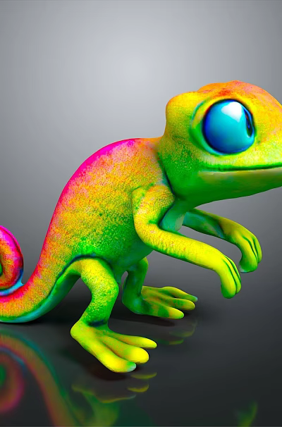 Colorful Chameleon Reptile with Blue Eyes Curled Tail Standing on Black Surface Reflection 3d model
