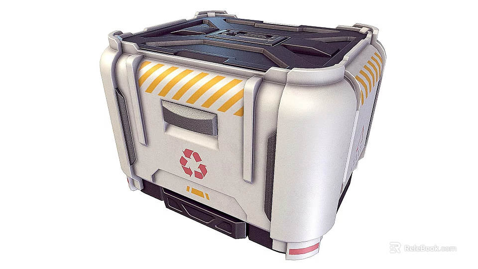 Industrial Equipment Metal Container With Yellow Warning Stripes And Recycling Symbol Structural Design 3d model 