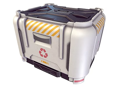 Industrial Equipment Metal Container With Yellow Warning Stripes And Recycling Symbol Structural Design 3d model