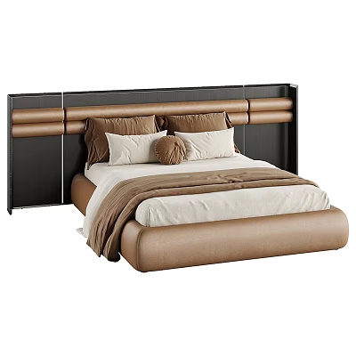 Modern Double Bed With Black Brown Headboard Leather Frame And Brown White Pillows 3d model