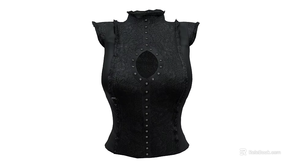 Black Corset Top with High Ruffled Collar Round Cutout and Studded Details 3d model 