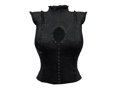 Black Corset Top with High Ruffled Collar Round Cutout and Studded Details 3d model