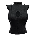 Black Corset Top with High Ruffled Collar Round Cutout and Studded Details