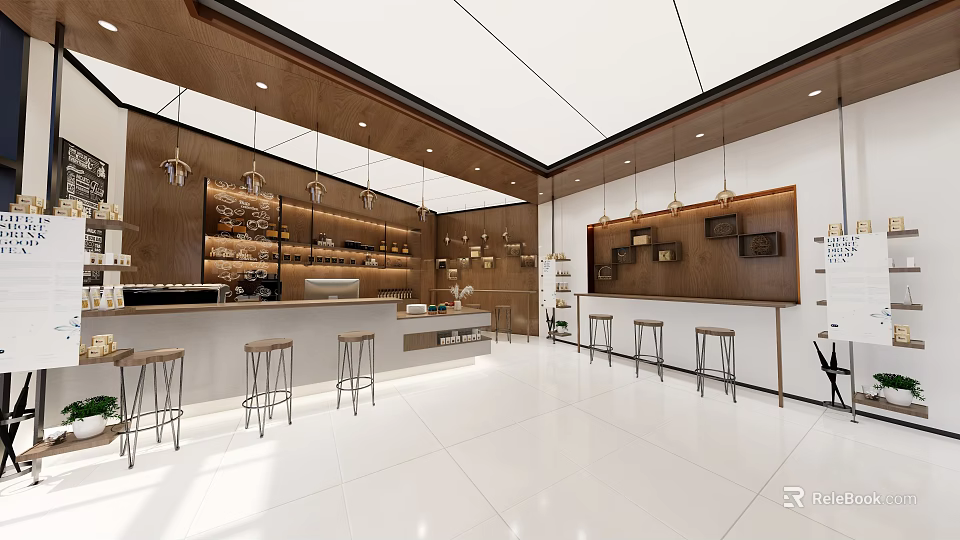 Modern Cafe Interior With Open Layout Bar Counter Stools Wooden Decor And White Floor Tiles 3d model 