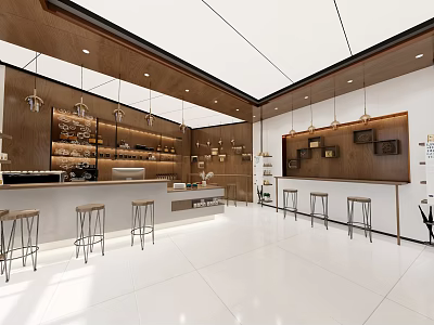Modern Cafe Interior With Open Layout Bar Counter Stools Wooden Decor And White Floor Tiles 3d model