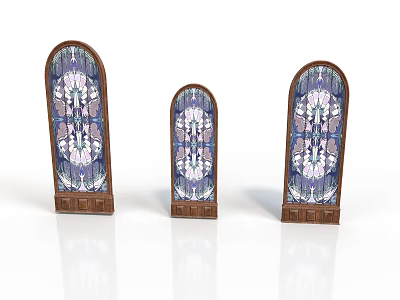 Architectural Arched Stained Glass Windows With Wooden Frames And Colorful Patterns 3d model