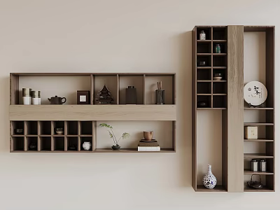 Modern Wooden Decorative Cabinet with Display Shelves Tea Set Books and Potted Plant 3d model