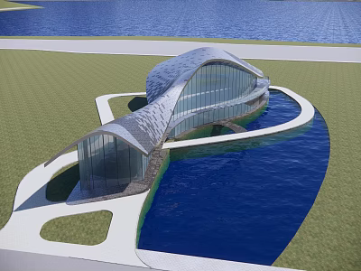 Modern Streamlined Architectural Structure With Glass Facade And Waterfront Green Lawn 3d model