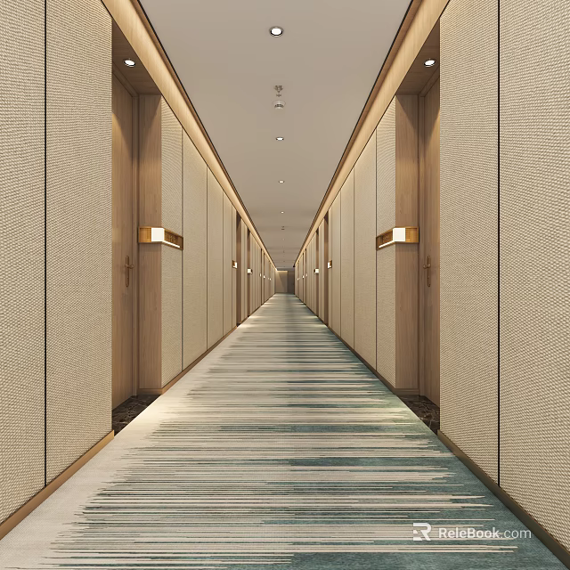 Long Modern Elevator Hallway With Beige Walls Wooden Accents Striped Carpet And Recessed Lighting 3d model 