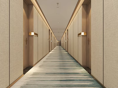 Long Modern Elevator Hallway With Beige Walls Wooden Accents Striped Carpet And Recessed Lighting 3d model