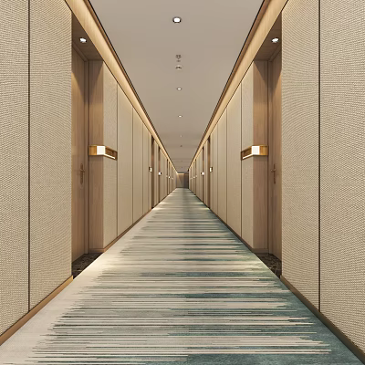 Long Modern Elevator Hallway With Beige Walls Wooden Accents Striped Carpet And Recessed Lighting 3d model