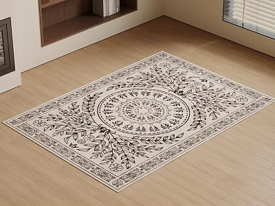 Intricate Black White Pattern Area Rug On Wooden Floor Room Decor 3d model