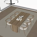 Light Wooden Dining Table With Six Curved Back Chairs And Cushions In Modern Minimalist Room