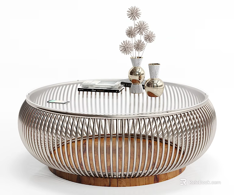 Modern Round Coffee Table With Metal Frame Glass Top Wooden Base Vases Flowers And Books 3d model 