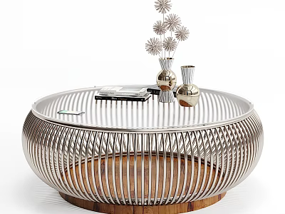 Modern Round Coffee Table With Metal Frame Glass Top Wooden Base Vases Flowers And Books 3d model