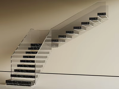 Modern Staircase With Black Marble Steps And Transparent Glass Railing 3d model