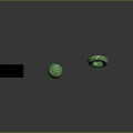 Green Textured Geometric Shapes Arrangement With Square Sphere Ring And Cylinder on Reflective Dark Surface
