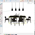 Modern Black Dining Table Set With Six Chairs Decorative Items And Hanging Pendant Lights