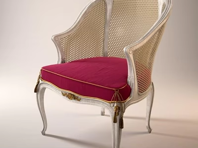 Elegant Single Sofa With White Frame Rattan Design Red Cushion Gold Trim And Tassels 3d model