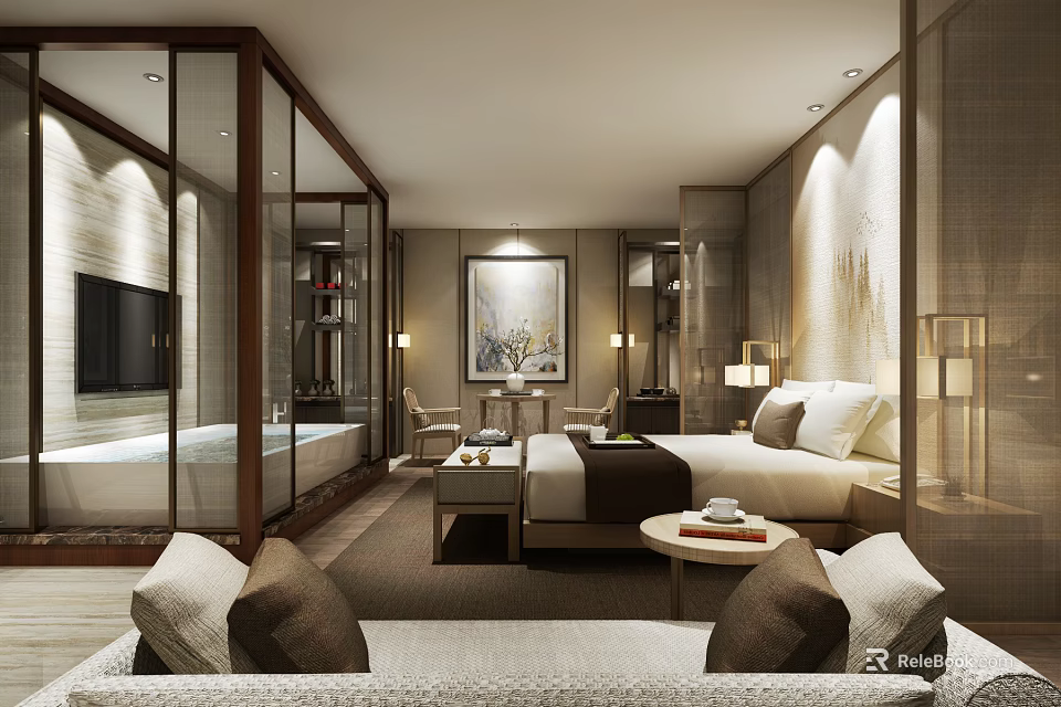 Modern Hotel Guest Room Interior With Comfortable Bed Sofa And Decorative Art 3d model 
