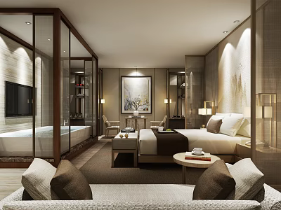 Modern Hotel Guest Room Interior With Comfortable Bed Sofa And Decorative Art 3d model