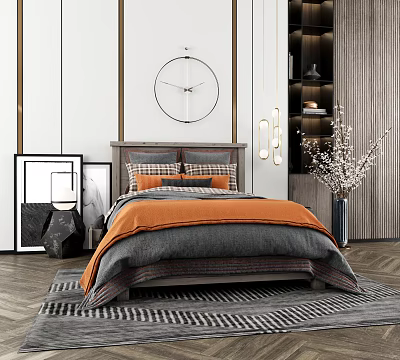 Modern Bedroom Background Double Bed With Gray Orange Quilt Round Clock And Geometric Carpet 3d model