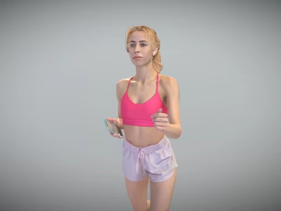 Woman in pink sports bra and light purple shorts wearing earphones holding smartphone 3d model