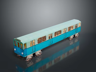 Blue Model Train With Multiple Carriages White Wheels And Gray Background Reflection 3d model