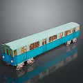 Blue Model Train With Multiple Carriages White Wheels And Gray Background Reflection