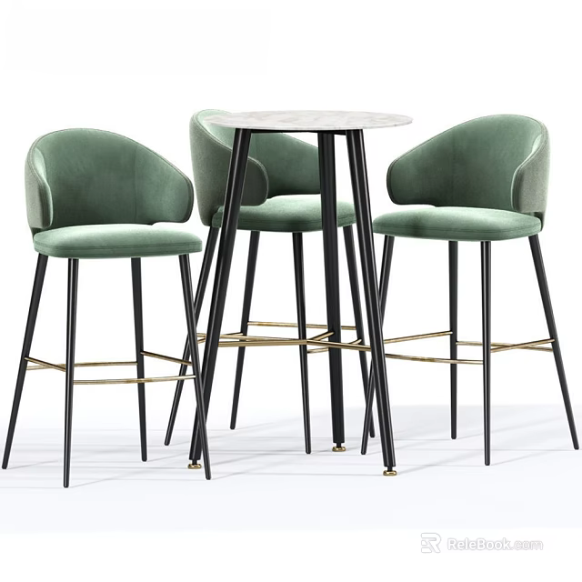 Modern Round Table with Three Green Velvet Chairs and Black Legs Stylish Design 3d model 