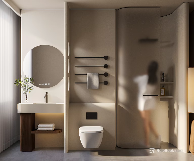Modern Minimalist Bathroom Interior Design With Round Mirror Vanity Toilet And Shower 3d model 