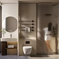 Modern Minimalist Bathroom Interior Design With Round Mirror Vanity Toilet And Shower