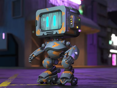 Cyberpunk Style Robot Doll With TV Head And Neon Background 3d model